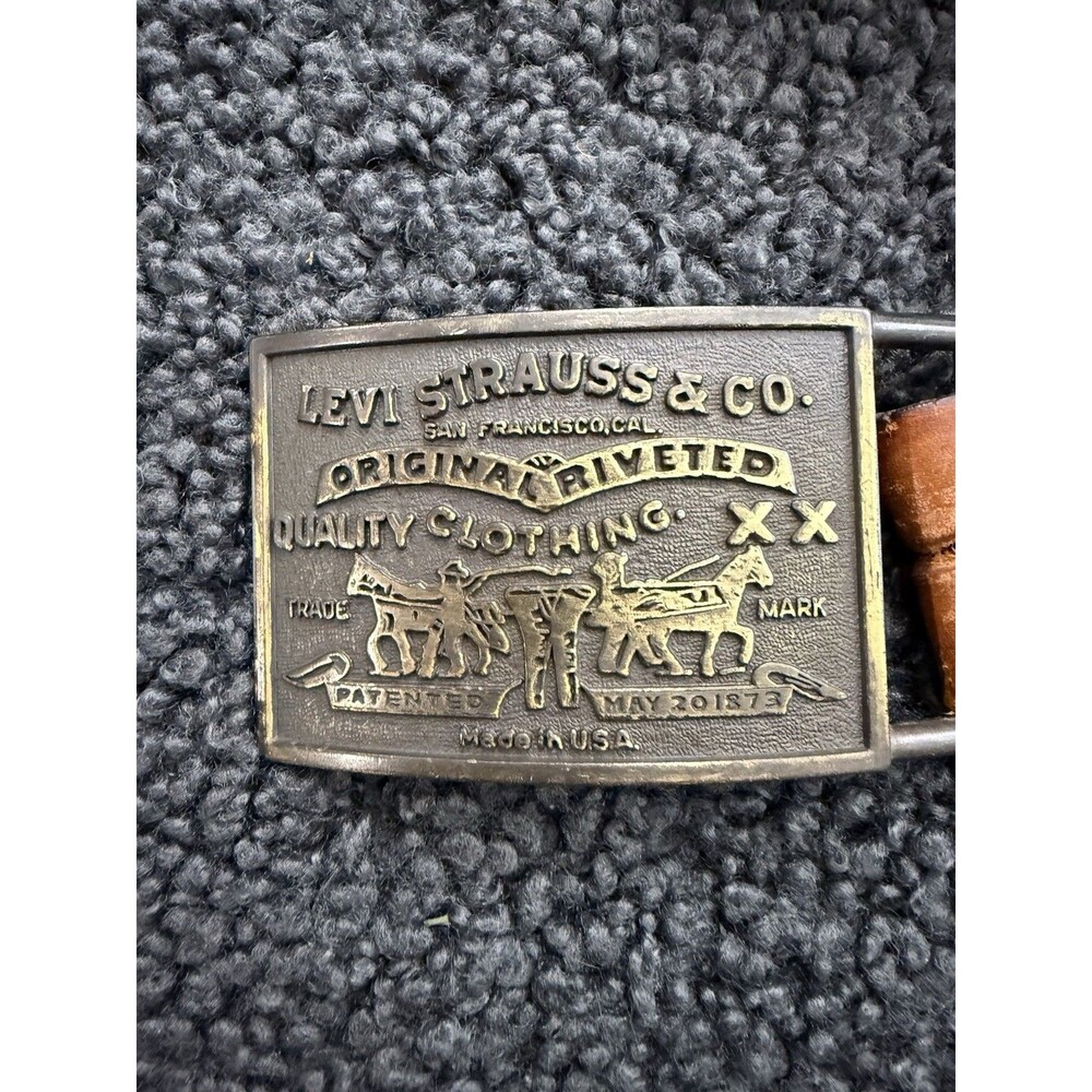 Vintage 1970s Levi Strauss Original Riveted Brass Belt Buckle Made in USA & Belt